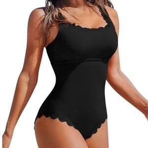 CHARMO Black Ribbed Scalloped Cut Out Back Modest One-Piece Swimsuit